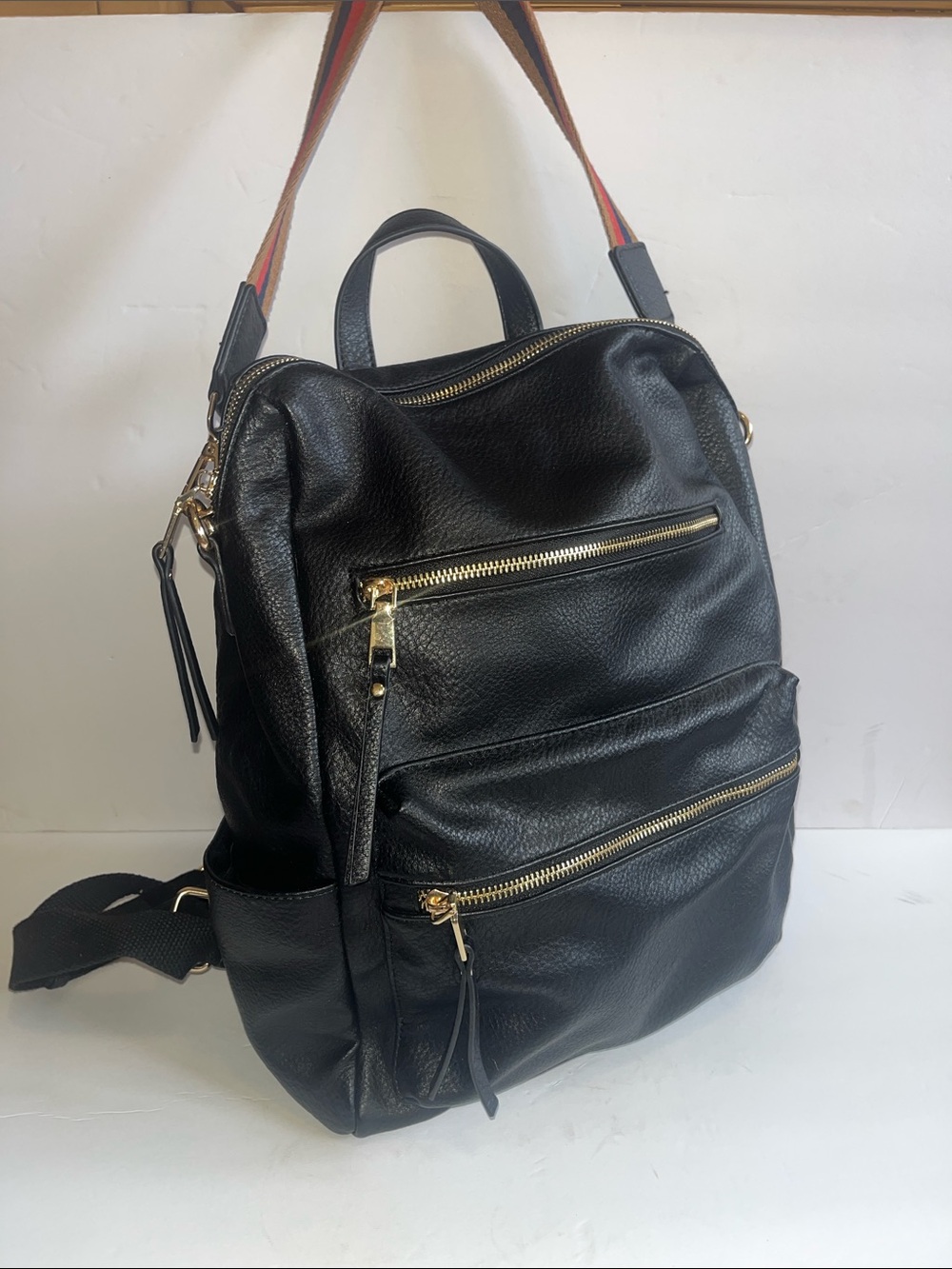 MMS Design Studio Black Backpack purse with Gold Hardware & stripe fashion strap